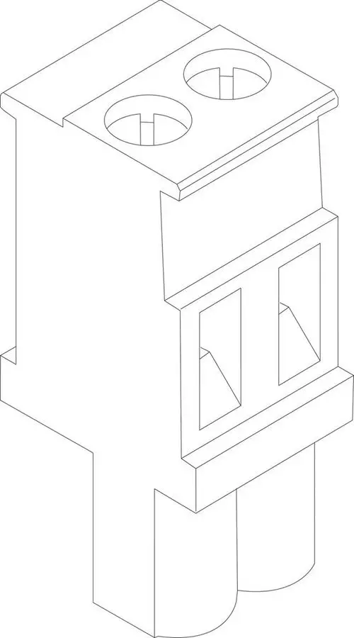 BOSCH Anschlussklemme mit zwei runden Buchsen an der Oberseite und zwei abgerundeten Anschlüssen an der Unterseite in einer einfachen, neutralen Ausführung.